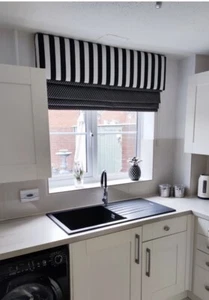 Padded Box Window Pelmet covered in Black and White Stripe Fabric - Picture 1 of 5