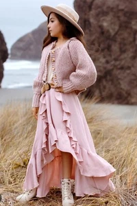 Joyfolie Girls Sitara Skirt Pink Sand High-Low Ruffle Hem Size 8 elastic waist - Picture 1 of 7