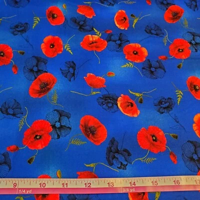 Red Poppy Poppies Fabric Cotton Flowers FQ HY BTY Fat Quarter By the Yard Floral - Image 1 of 3