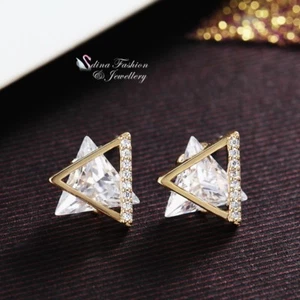 18K Yellow Gold Filled Clear Crystal Lady Sparking Double Triangle Stud Earrings - Picture 1 of 4