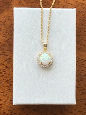 925 Sterling Silver Cz White Opal Round Halo Pendant Necklace Womens 10mm Gold - Image 1 of 4