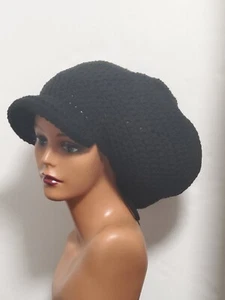 Crochet Brimmed Tam With Drawstring Handmade Black - Picture 1 of 12