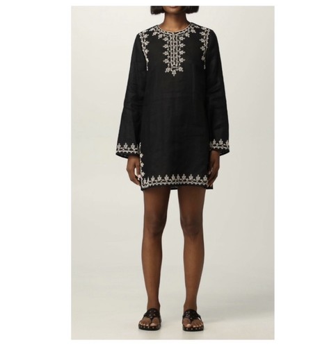 Caftano di lino Tory Burch nero. Taglia S nuova con etichetta. Vendita al dettaglio $426