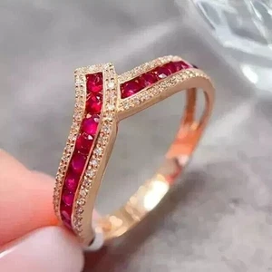 2Ct Round Cut Lab-Created Red Ruby Women Fancy Wedding Ring 14K Rose Gold Plated - Picture 1 of 6