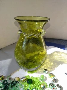 Vintage Citrine Kanawha 6 5/8" Crackle Vase Clear Glass Applied Ribbon + Beads - Picture 1 of 14