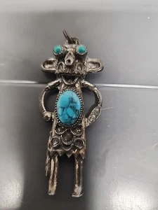 3" Navajo Silver Turquoise Kachina Sancrest Mudhead Southwest pendent Vtg. - Picture 1 of 6