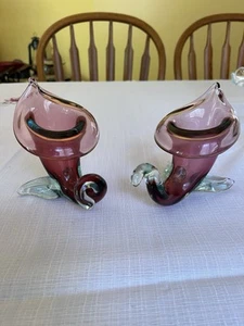 Vintage mundgeblasene Amethyst Glas Füllhorn Potbelly Jack in der Kanzel (2 Stück) - Bild 1 von 11