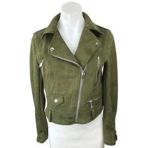 Zara Olive Green Suede Asymmetrical Zip Up Crop Moto Biker Jacket Blazer Coat XS - Picture 1 of 5