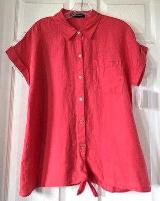 ELLEN TRACY 亮珊瑚 100% 亚麻上衣绑带短袖女式 M 全新带标签 — 第 1/4 张图片