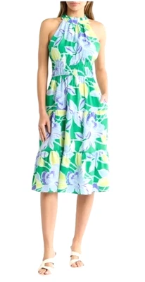 Eliza J Womens Green Blue Floral Pockets Halter Tiered Midi Dress Sz 14 New - Image 1 of 4