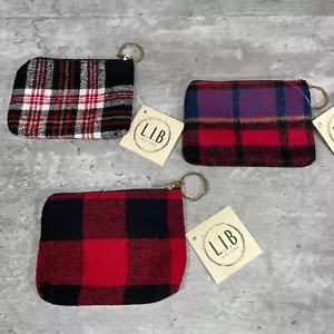 L.I.B New York Set of 3 Zippered Soft Plaid Coin Change Purse w/ Keychain Ring - Picture 1 of 10
