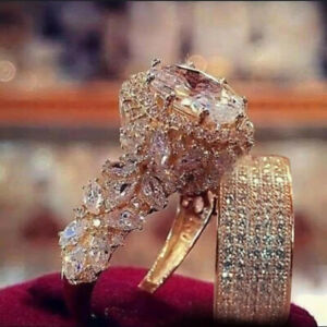 2pcs/Set Noble Exquisite Women 18K Gold Ring Ruby Ring Set Wedding Gift Jewelry