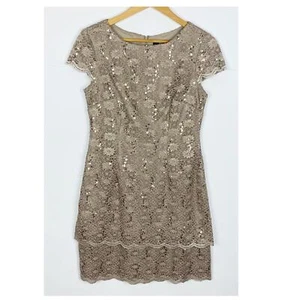 Alex Evenings Tiered Lace Sheath Dress Floral Lace Overlay Sequin Size 8 Petite - Picture 1 of 5