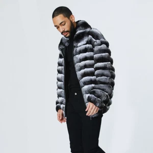 Men Real Rex Rabbit Fur Coat Natural Chinchilla Bomber Jacket Winter Fur Outwear - Picture 1 of 5