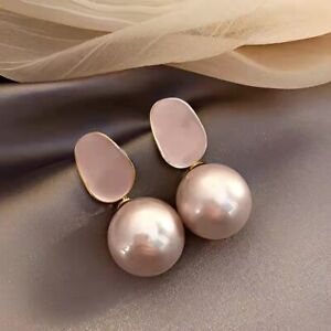 Women 925 Sterling Silver Earring Stud Retro French Style Super Large Pearl