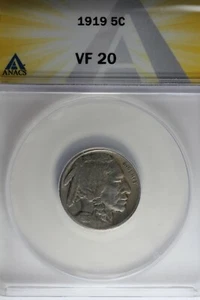 1919 .05 ANACS VF 20 Buffalo Nickel, Indian Nickel, 5 Cent Piece - Picture 1 of 2