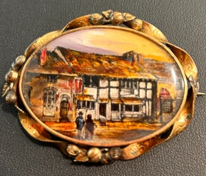 Antique Victorian Hand Painted Brooch - Village Scene - C Clasp: AMAZING! - Picture 1 of 7