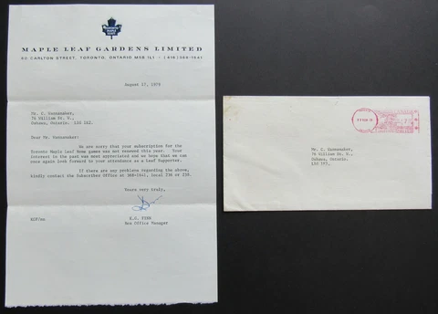 1979 Maple Leaf Gardens Letterhead Ticket Cancellation Letter + Original Mailer Cover