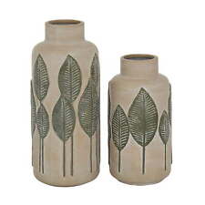 DecMode 11", 14"H Leaf Beige Ceramic Vase, Set of 2