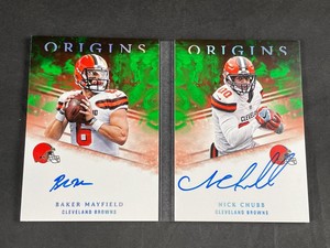 2018 PANINI ORIGINS BAKER MAYFIELD NICK CHUBB ROOKIE GREEN DUAL AUTO BOOK 1/2