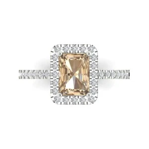 1.86Ct Emerald Cut Yellow Moissanite Halo Engagement Ring, 14K White Gold - Picture 1 of 11