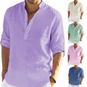 Summer Men Long Sleeve Shirts Beach Blouse Casual Button Down Tops Dress Shirt - Picture 1 of 17