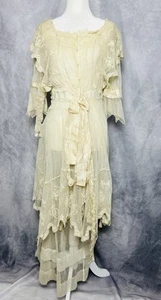 Antique Vintage Early 1900's Net Embroidered Lace Tiered Dress Silk Details Sz S - Picture 1 of 10
