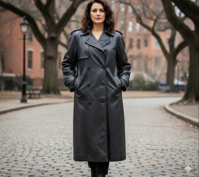 Gabardina larga de cuero negra Saks Fifth Avenue talla 12 vintage para mujer años 80/90  Foto 1 de 4