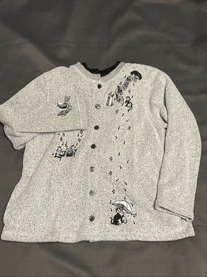 Винтажный женский кардиган BonWorth Cat M серый музыкальный вышитый уютный с карманами!! - Изображение 1 из 4