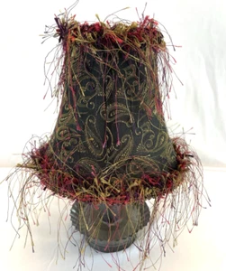Black & Gold Paisley Print Clip On Lamp Shade with Eyelash Fringe 5" Tall - Picture 1 of 11