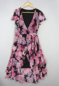 Portmans Dress Womens 8 Pink Black Floral Wrap Tie Frill Ruffle Midi Flowy Event - Picture 1 of 20