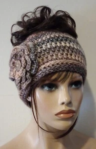 crochet handmade womans messy bun hat flower beanie bark brown - Picture 1 of 3