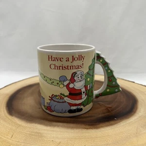 Russ Berrie 12 oz Christmas Mug Santa Elf Decorating Tree Handle 8903 Vintage - Picture 1 of 6