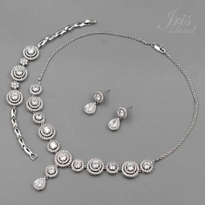 Jewelry Set Necklace Bracelet Earrings Cubic Zirconia Pendant Silver Women 65 - Image 1 of 4