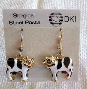Enamel Cow Earrings Holstein Gold Metal Dangle Country Farm Style - Picture 1 of 3