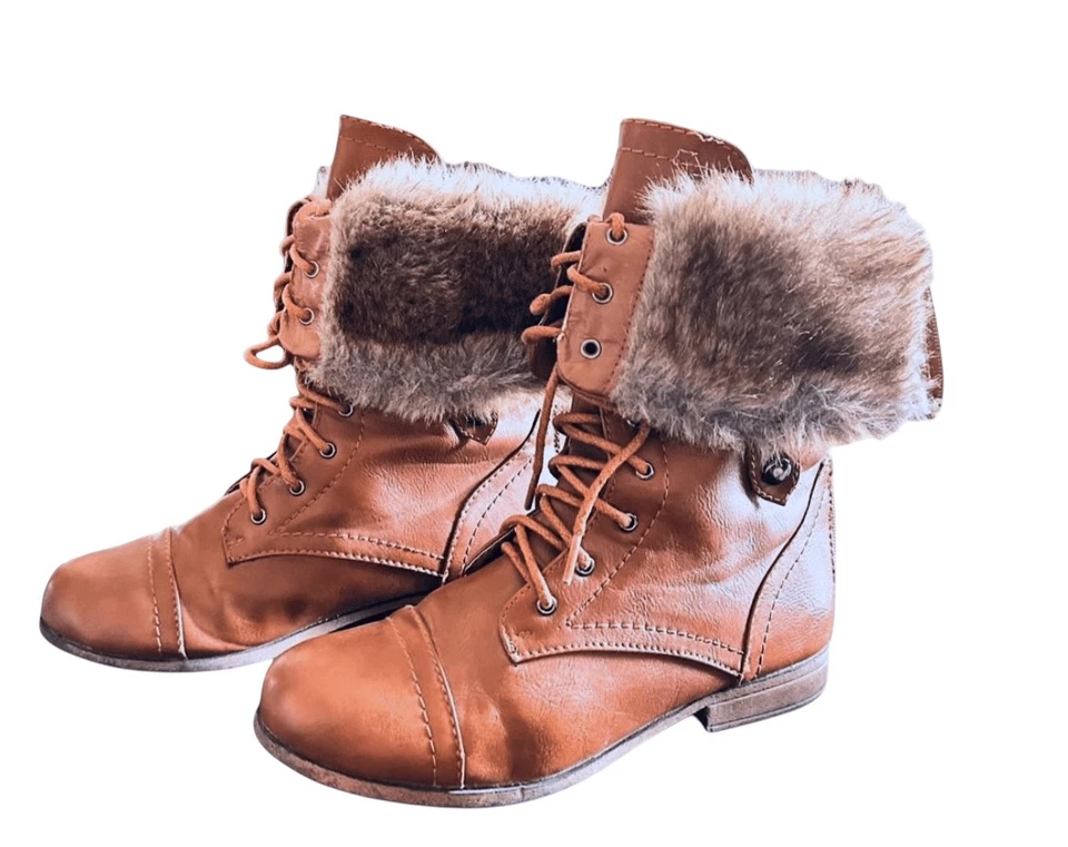 Botas de combate para mujer Bumper marrón imitación cuero - Plegables con piel sintética - Talla Foto 1 de 4