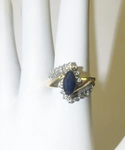 ESTATE - 14 KARAT PLUMB GOLD SAPPHIRE SOLITAIRE RING WITH DIAMOND ACCENTS - Picture 1 of 12