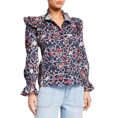 Isabel Marant Etoile Blouse Tedy Linen Ruffle Button Down in Navy Floral - Image 1 of 4