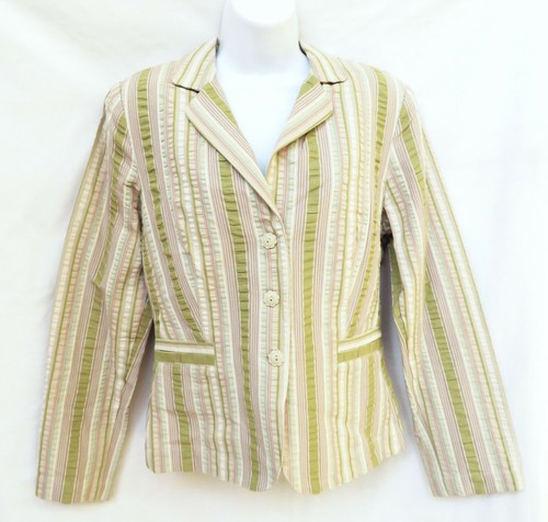 OFF WHITE Giacca blazer cappotto CABI #308 donna bianco sporco verde righe bottoni aderente 8 M