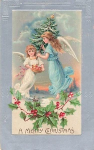 Christmas Angel Postcard Angels with Tree Silver Border About 1910 Y5 - Picture 1 of 2