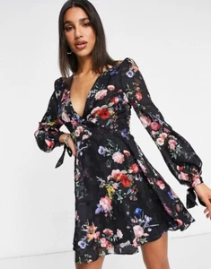 NWT LIPSY WRAP MINI BLACK FLORAL DRESS US6 UK10 - Picture 1 of 8