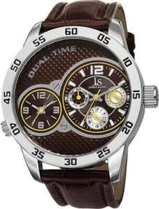 Joshua & Sons JS97BR Dual Time Day Date GMT Yellow Accented Brown Mens Watch - Picture 1 of 5