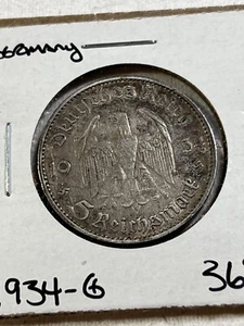 1934-G Germany 5 Marks Silver Coin - Picture 1 of 4