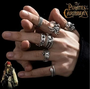 Jack Sparrow, The Pirates Of The Caribbean, Antique Silver, Seven Piece Ring Set - Picture 1 of 5
