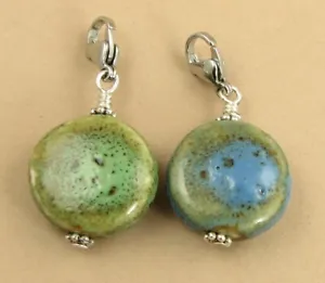 Ceramic bead  pendants. Clip- on. Handmade. Blue and green. Cord included. - Picture 1 of 10