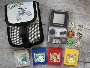 Nintendo Game Boy Color Clear Console GBC With 4 Pokemon Games Silver Red Blue - Picture 1 of 24