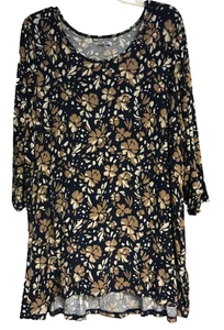 Lands' End 2X Floral Tunic 3/4 Sleeves Blue Brown Scoop Neck Pullover Tee - Picture 1 of 11