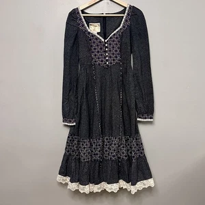 Vintage 70er Gunne Sax Prairie Kleid dunkler Blumendruck mit Spitze & eckigem Mieder XS - Bild 1 von 17