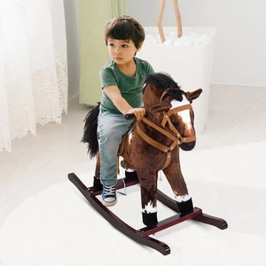 Kids Metal Plush Ride-On Rocking Horse Chair Toy, Dark Brown/White - Picture 1 of 11