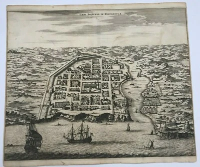 HISPANIOLA CARIBE 1673 ARNOLD MONTANUS RARO GRAN VISTA ANTIGUA SIGLO XVII Foto 1 de 4